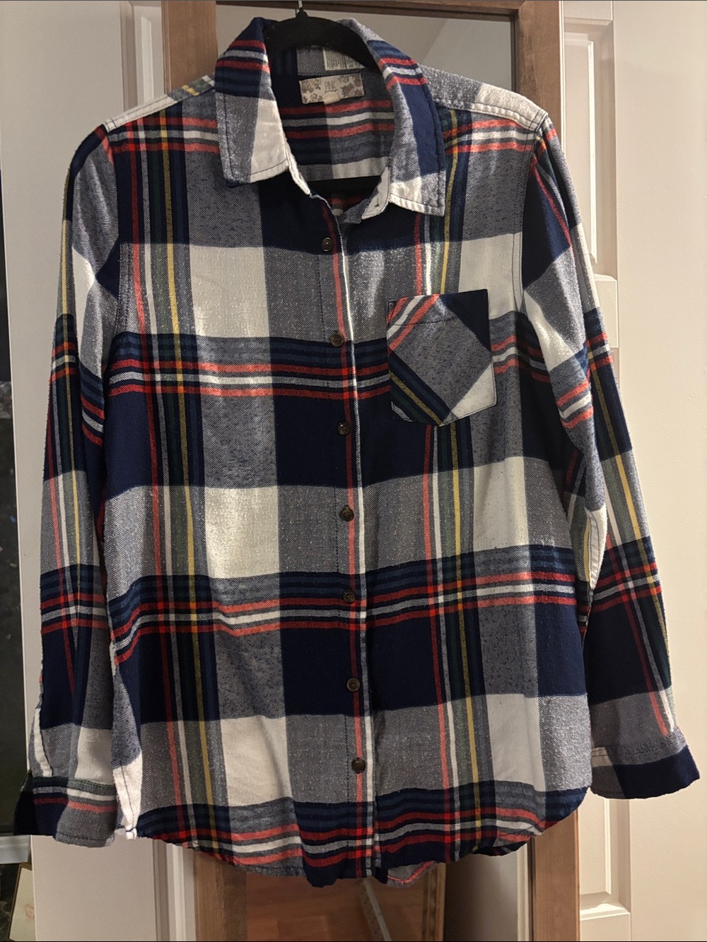 Pink Rose Navy, White & Red Plaid Button-Down Shirt